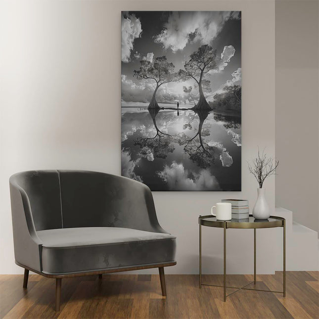 Canvas schilderij interieur De Bomen Worden Weerspiegeld in het Water
