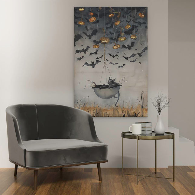 Canvas schilderij interieur Kat zit in een Paraplu met Pompoenen Eraan