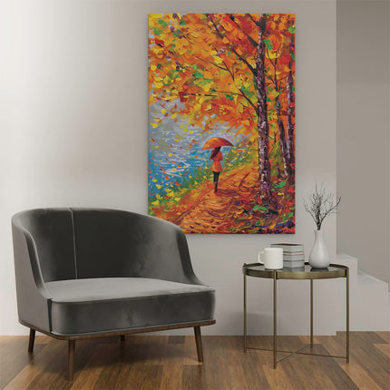 Canvas schilderij interieur Vrouw die met een Paraplu over een Pad loopt