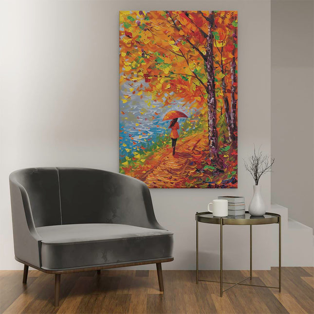 Canvas schilderij interieur Vrouw die met een Paraplu over een Pad loopt