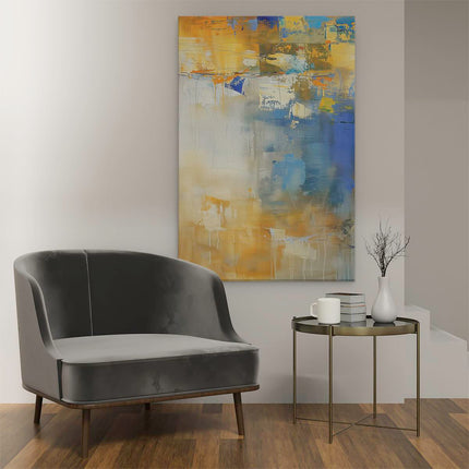 Canvas schilderij interieur Abstract Kunstwerk met Blauwe, Gele en Oranje Kleuren