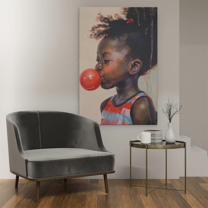 Canvas schilderij interieur Klein Meisje Blaast een Kauwgom
