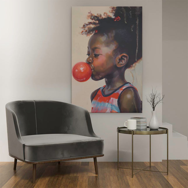 Canvas schilderij interieur Klein Meisje Blaast een Kauwgom
