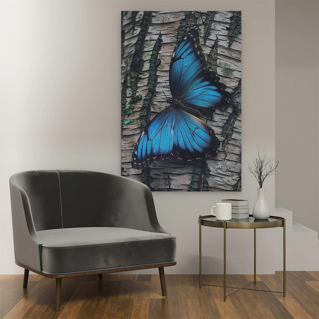 Canvas schilderij interieur Blauwe Vlinder Rustend op de Schors van een Boom