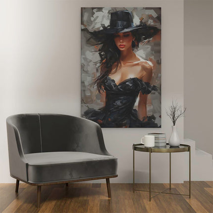 Canvas schilderij interieur Vrouw in een Zwarte Jurk met een Zwarte Hoed