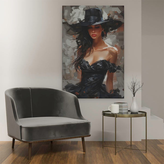Canvas schilderij interieur Vrouw in een Zwarte Jurk met een Zwarte Hoed