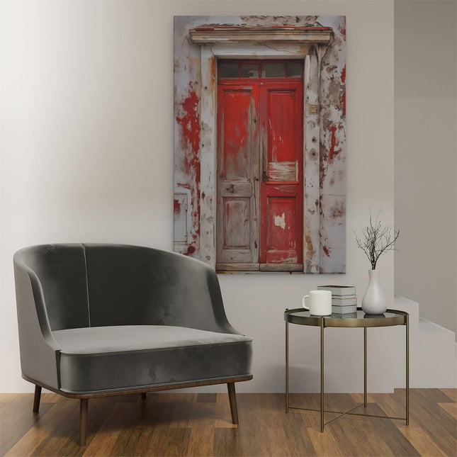 Canvas schilderij interieur Rode Deur op een Wit Gebouw