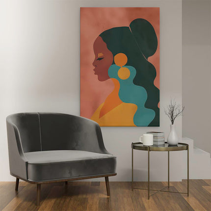 Canvas schilderij interieur Vrouw met Lang haar en Oorbellen