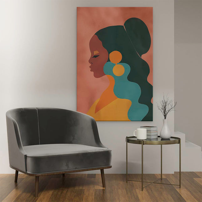 Canvas schilderij interieur Vrouw met Lang haar en Oorbellen