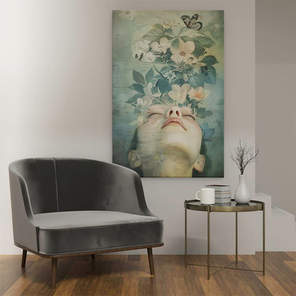 Canvas schilderij interieur Vrouw met Bloemen in haar Hoofd
