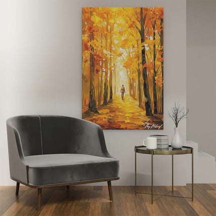 Canvas schilderij interieur Persoon die in de Herfst door een Bos loopt