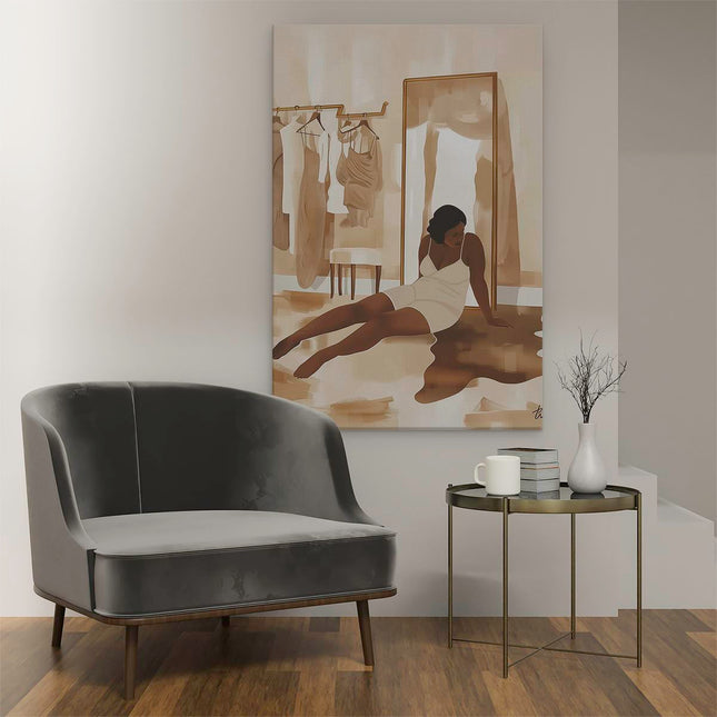 Canvas schilderij interieur Vrouw die op de Vloer ligt voor een Spiegel