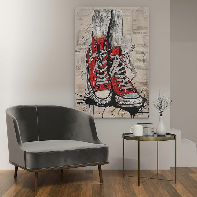 Canvas schilderij interieur Paar Rode Converse Schoenen op een Krant