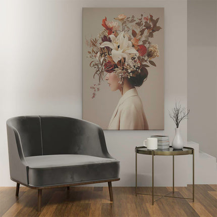 Canvas schilderij interieur Vrouw met Bloemen op haar Hoofd