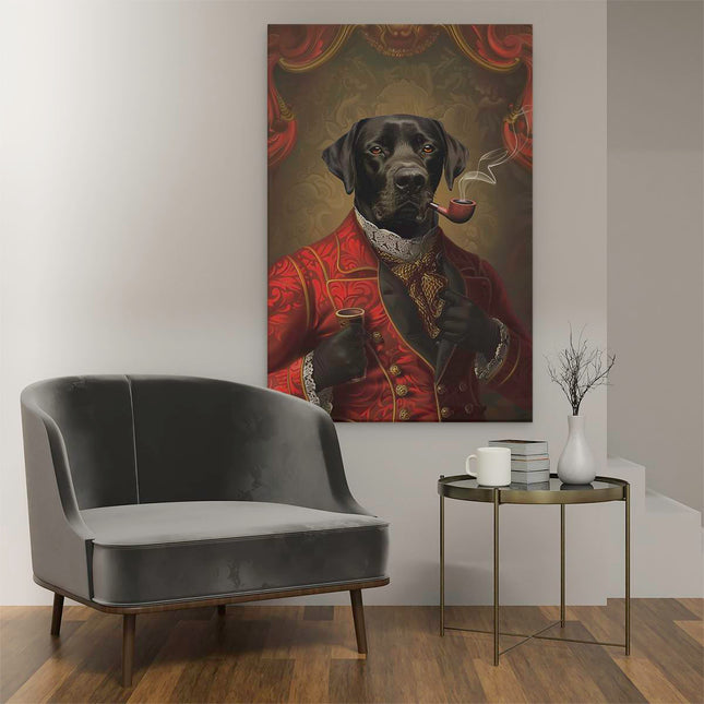 Canvas schilderij interieur Zwart Lab in een Rood Pak met een Pijp