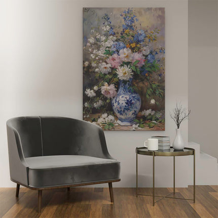 Canvas schilderij interieur Kunstwerk van Bloemen in een Blauw-Witte Vaas