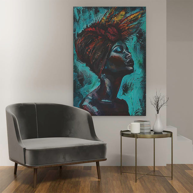 Canvas schilderij interieur Kunstwerk van een Vrouw met Veren op haar Hoofd