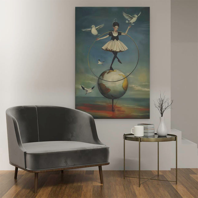 Canvas schilderij interieur Meisje Balancerend op een Hoelahoep
