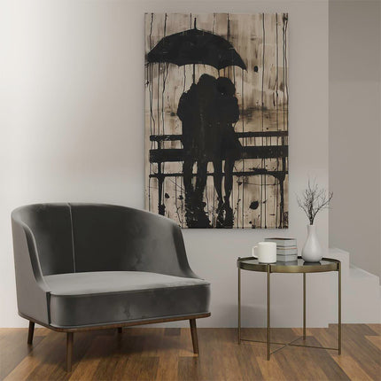 Canvas schilderij interieur Twee Mensen Zitten op een Bankje onder een Parasol