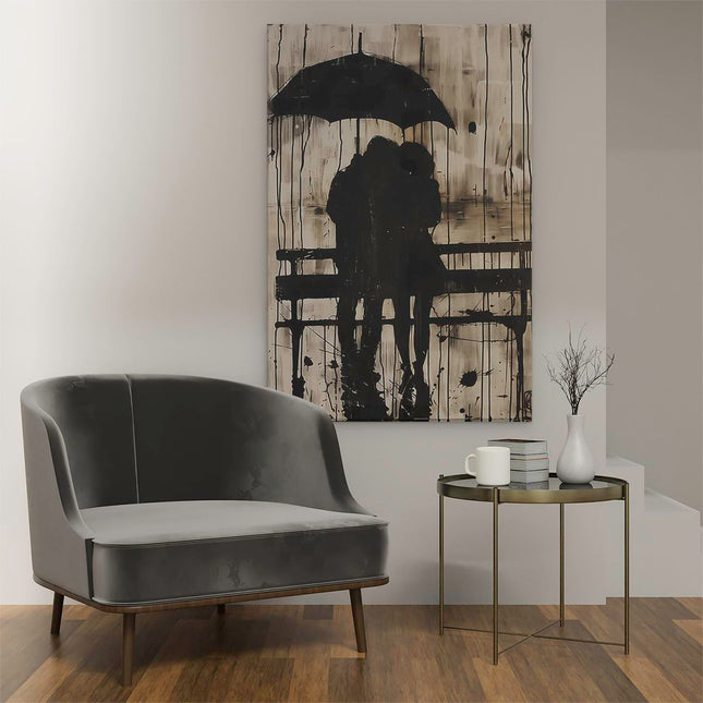 Canvas schilderij interieur Twee Mensen Zitten op een Bankje onder een Parasol