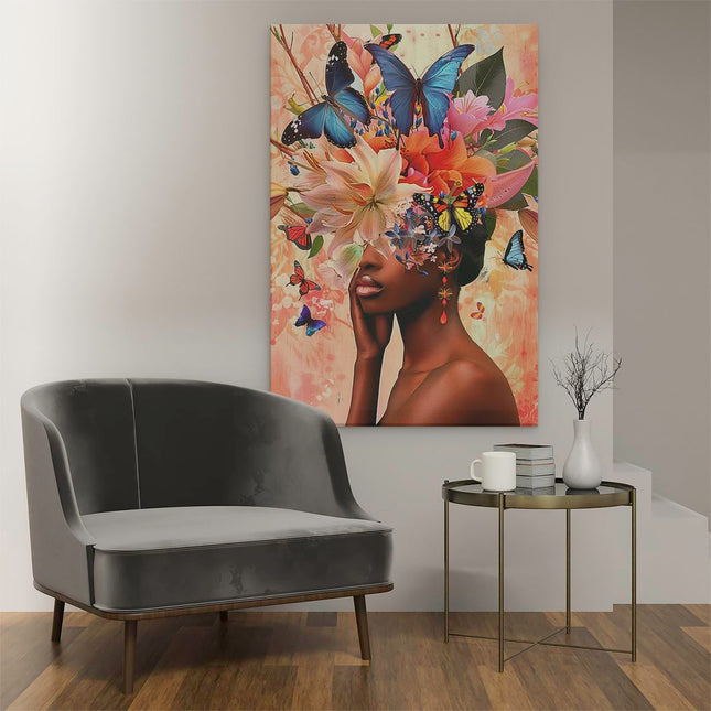 Canvas schilderij interieur Vrouw met Vlinders op haar Hoofd