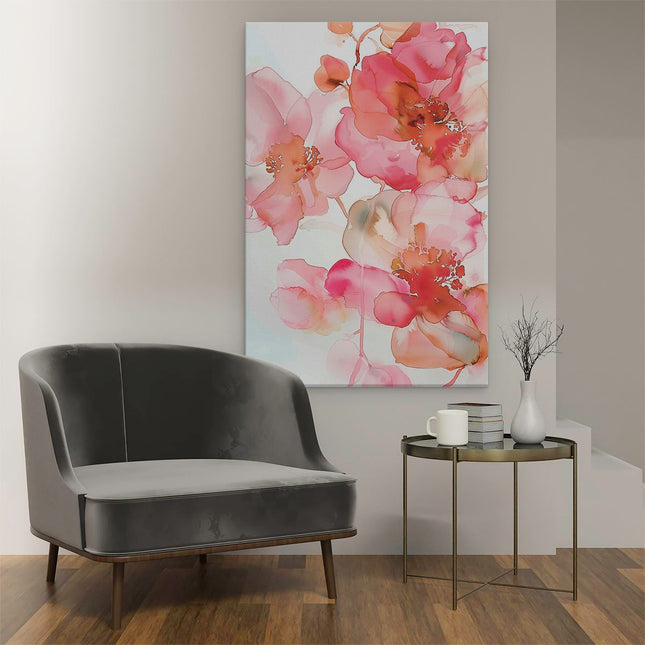 Canvas schilderij interieur Aquarelkunstwerk van Roze Bloemen op een Witte Achtergrond