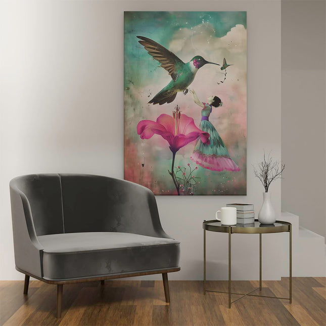 Canvas schilderij interieur Meisje in een Jurk en een Kolibrie
