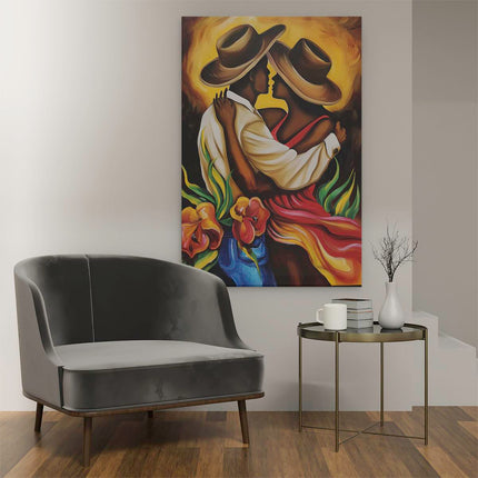 Canvas schilderij interieur Kunstwerk van een Kussend Stel met Hoeden