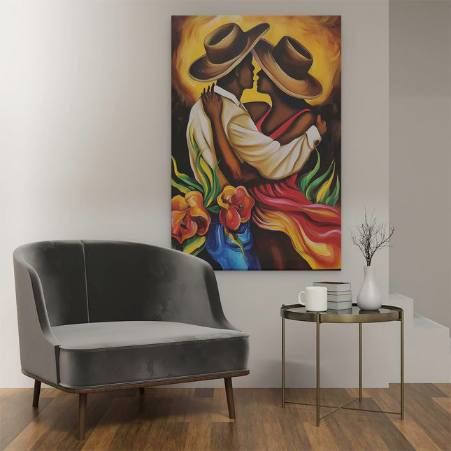 Canvas schilderij interieur Kunstwerk van een Kussend Stel met Hoeden