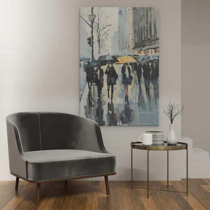Canvas schilderij interieur Kunstwerk van Mensen die met Paraplu's in de Regen Lopen
