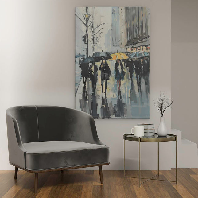 Canvas schilderij interieur Kunstwerk van Mensen die met Paraplu's in de Regen Lopen