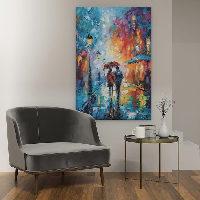 Canvas schilderij interieur Twee Mensen Lopen met Parasols in de Regen