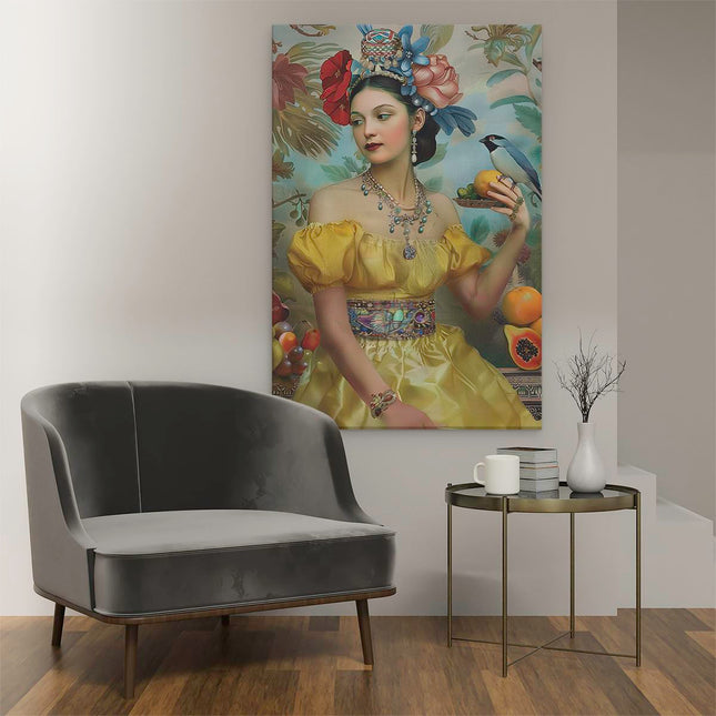 Canvas schilderij interieur Vrouw in een Gele Jurk met Fruit