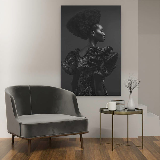 Canvas schilderij interieur Zwart Wit Portret van een Vrouw met Afrohaar