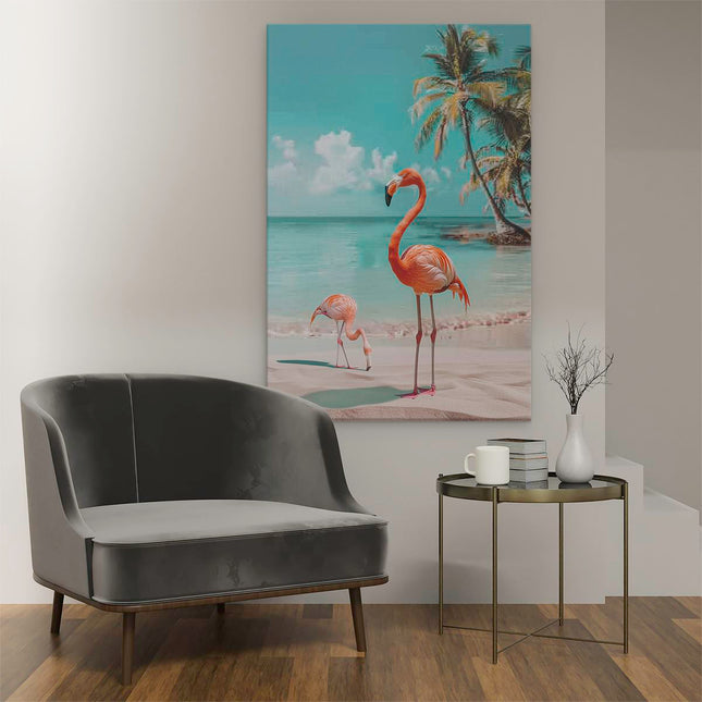 Canvas schilderij interieur Twee Flamingo's op het Strand