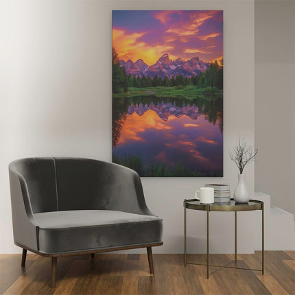 Canvas schilderij interieur De Bergen Worden bij Zonsondergang Weerspiegeld in een Meer