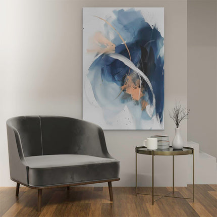 Canvas schilderij interieur Abstract Kunstwerk met Blauwe, Oranje en Witte Kleuren