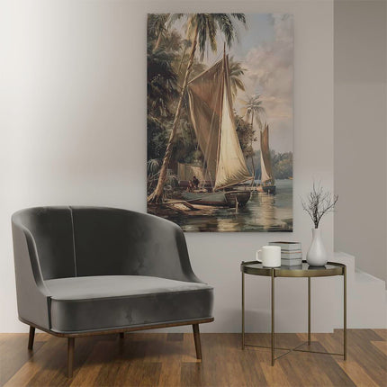 Canvas schilderij interieur Kunstwerk van Zeilboten op een Rivier met Palmbomen