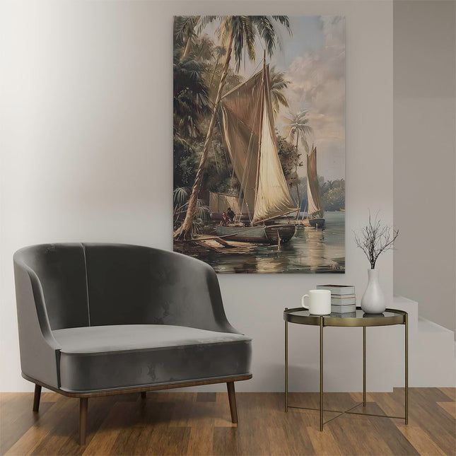 Canvas schilderij interieur Kunstwerk van Zeilboten op een Rivier met Palmbomen