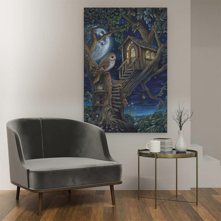 Canvas schilderij interieur Uil zit 's Nachts Bovenop een Boomhut