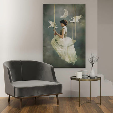 Canvas schilderij interieur Vrouw op een Schommel met Vogels