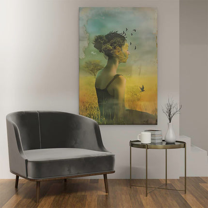 Canvas schilderij interieur Vrouw zit in een Veld met Vogels die Rond haar Hoofd Vliegen