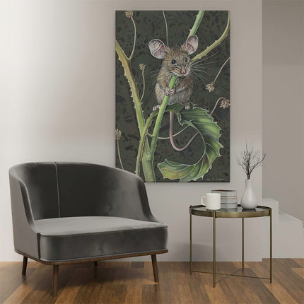 Canvas schilderij interieur Muis zit op een Blad