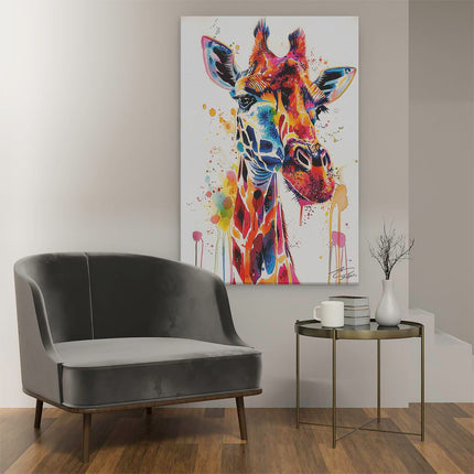 Canvas schilderij interieur Giraffe met Kleurrijke Verfspatten op zijn Gezicht