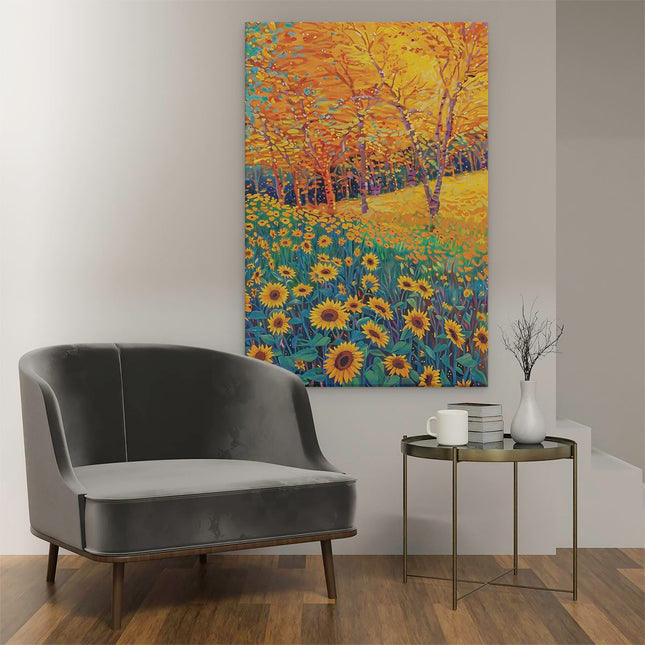 Canvas schilderij interieur Veld met Zonnebloemen met Bomen op de Achtergrond