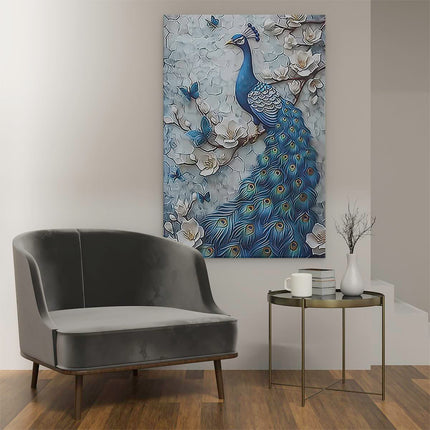 Canvas schilderij interieur Blauwe Pauw zit op een Tak