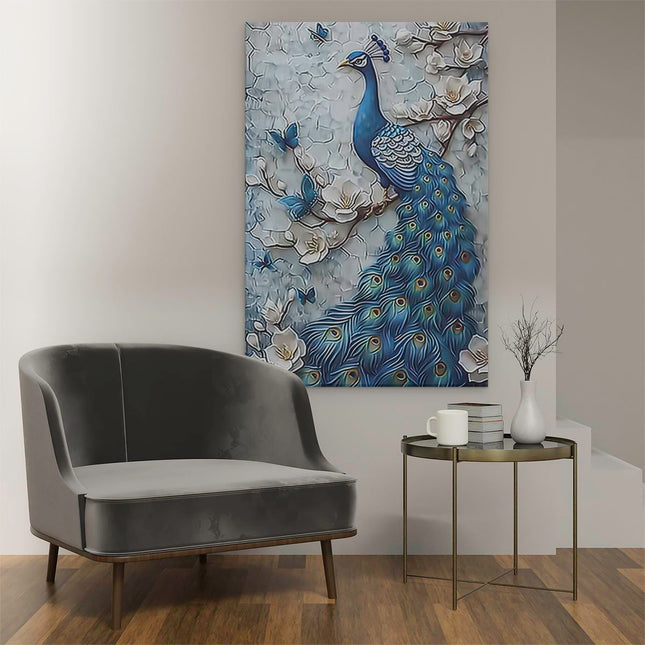 Canvas schilderij interieur Blauwe Pauw zit op een Tak