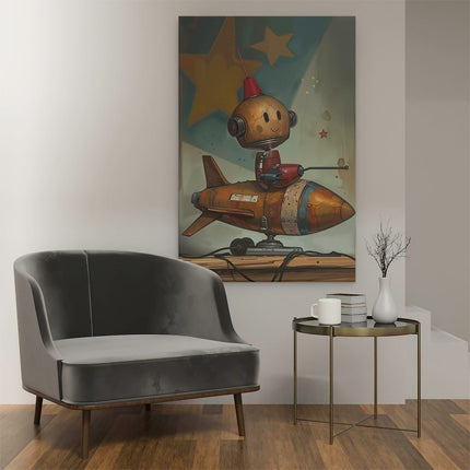 Canvas schilderij interieur Robot zit Bovenop een Raket