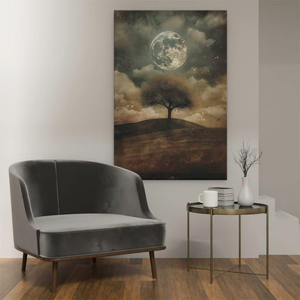 Canvas schilderij interieur Eenzame Boom op een Heuvel met een Volle Maan aan de Hemel