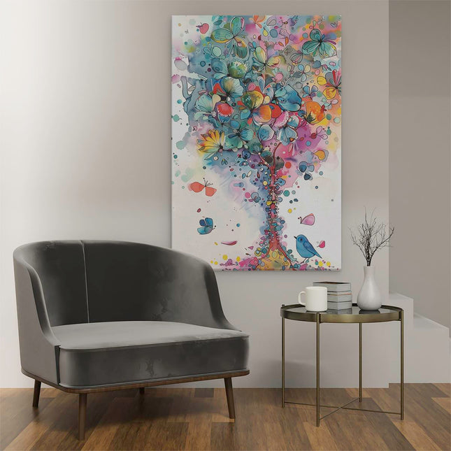 Canvas schilderij interieur Kleurrijk Kunstwerk van een Boom met Vogels en Vlinders